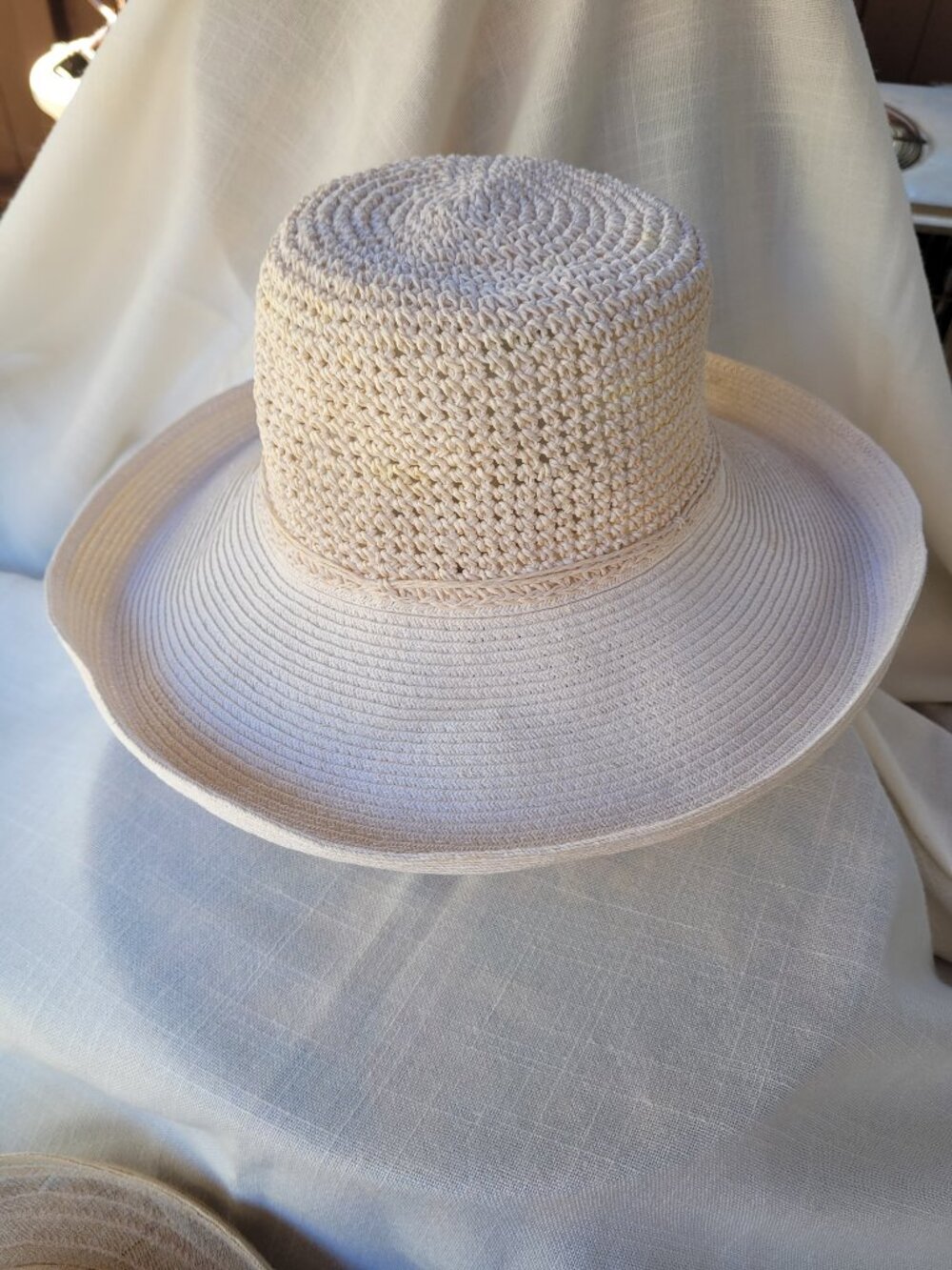 Cream Straw Floppy Sun Hat Wide 4" Brim 4" High Flat Crown Summer Beach Hat